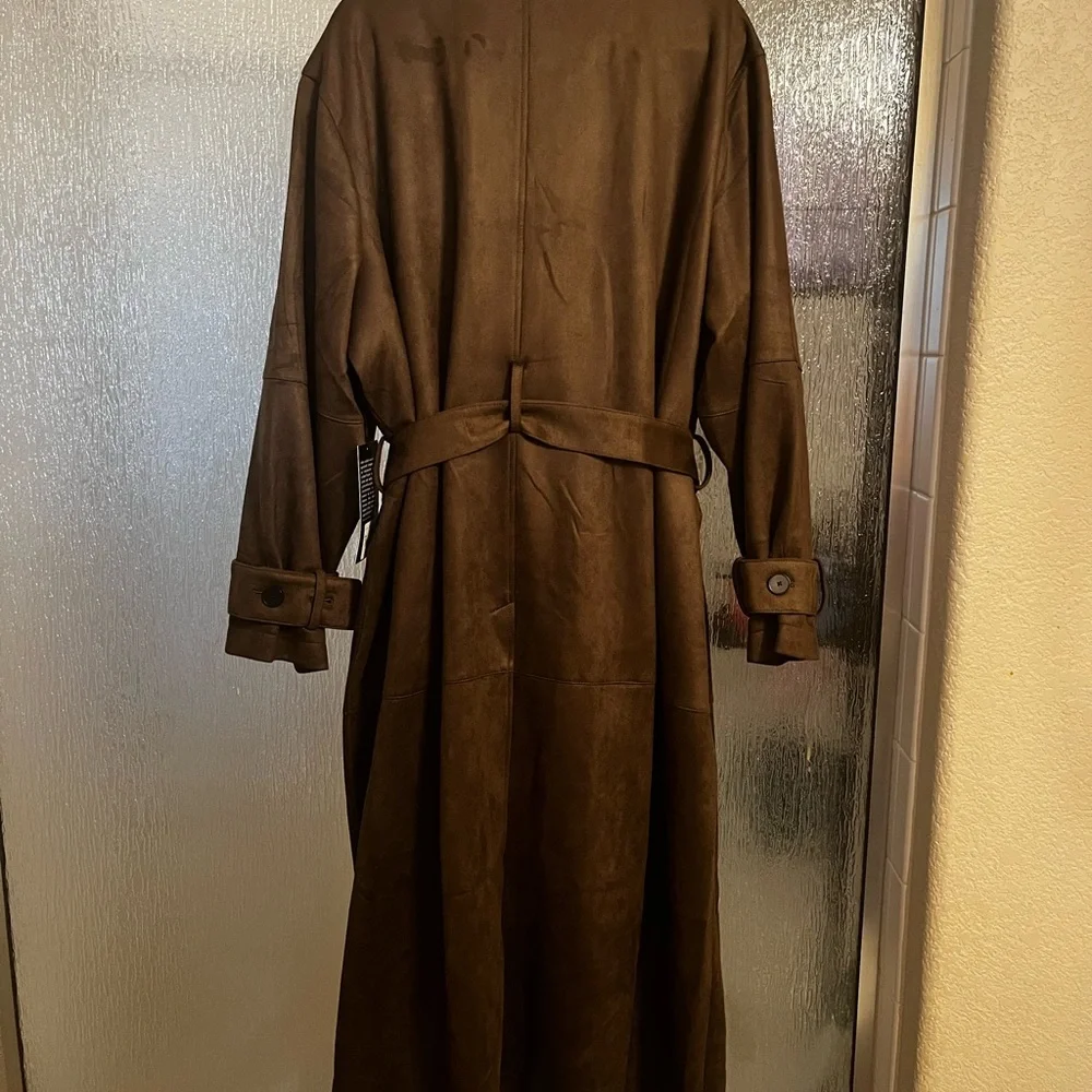 Ashley Graham Faux Suede Long Trench Coat in Olive Brown - Picture 6 of 11